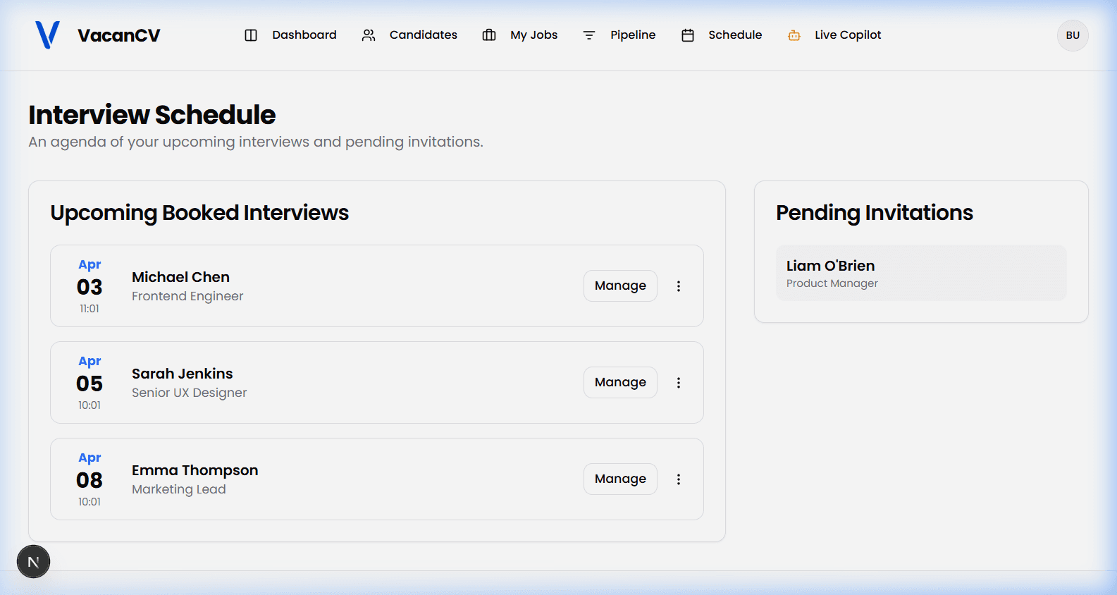 VacanCV Interview Scheduling Dashboard